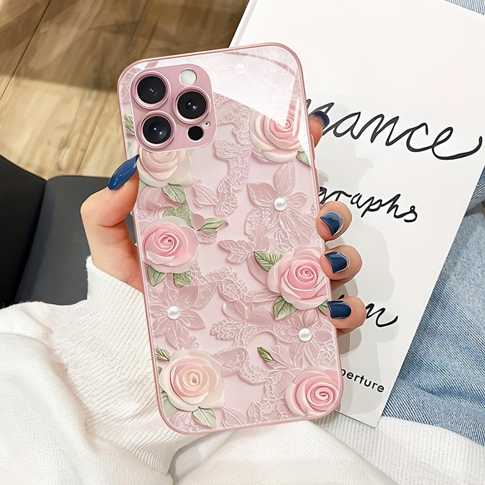 Phone Cases Pink - Pembe Çiçekli Temperli Cam Telefon Kılıfı