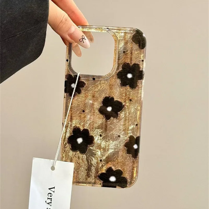 Phone Cases Brown - Retro Kahverengi Siyah Benekli Çiçekler Folyo