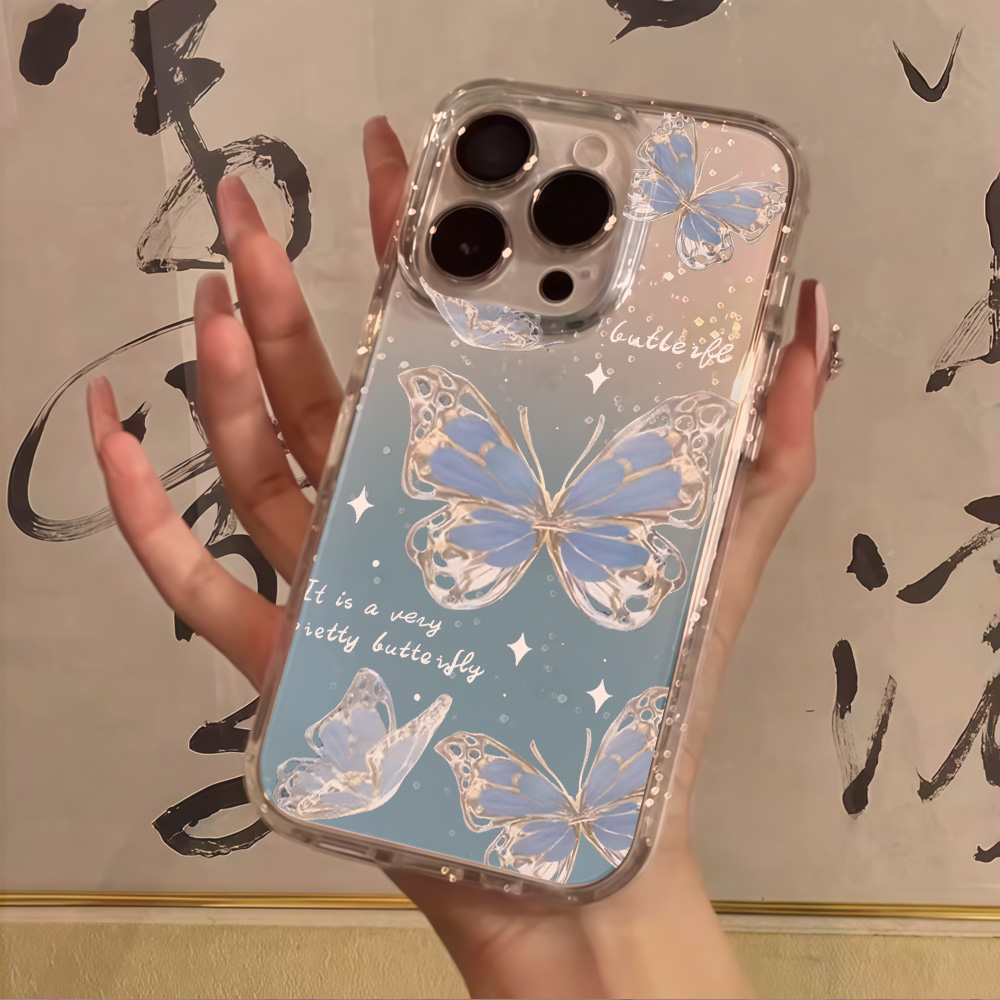 Phone Cases Iphone 17 Pro Max - Lüks Mavi Kelebek Şeffaf Simli Telefon